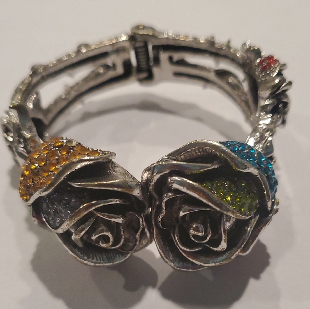 Elegant Silver Rose Bracelet With Multicolor Accents!